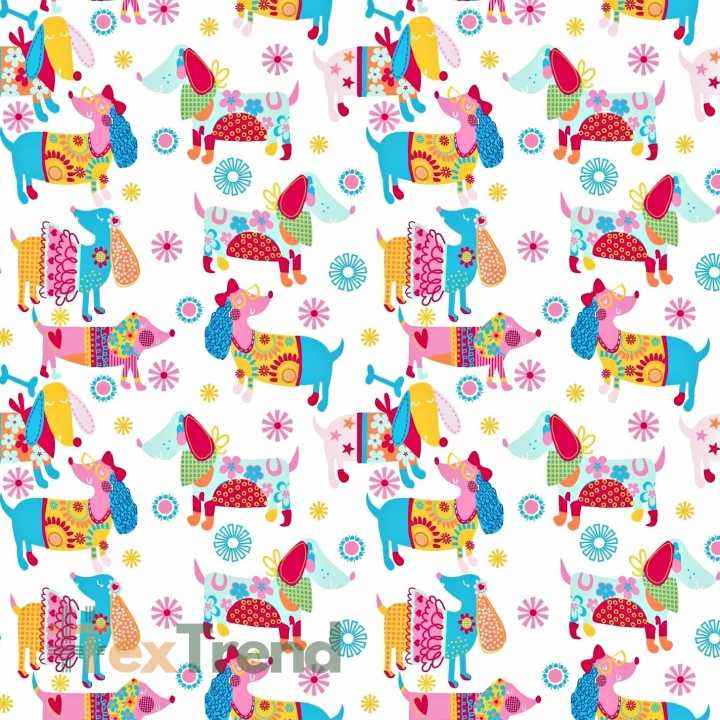 Baumwolle 100% bunte Hunde auf weißem Hintergrund  