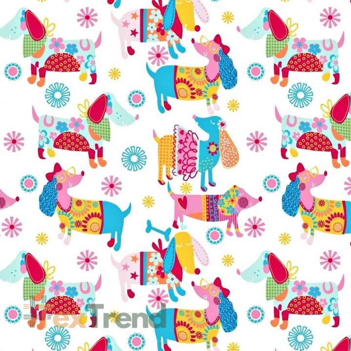 Baumwolle 100% bunte Hunde auf weißem Hintergrund  