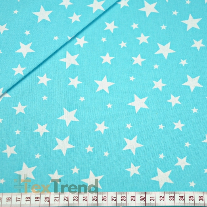 Baumwolle 100% Sterne neu klein und groß weiß auf türkisfarbenem Hintergrund  