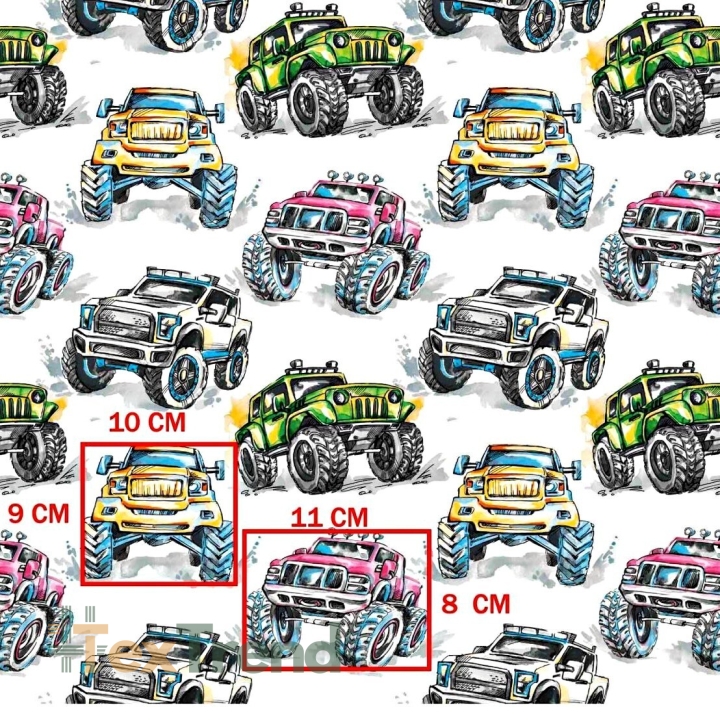 Baumwolle 100% Geländewagen bunt auf weißem Hintergrund  