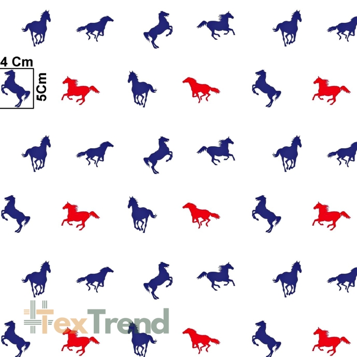 Baumwolle 100% rot-navy Pferde auf weißem Hintergrund  