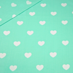 Baumwolle 100% Herzen 20 mm weiß auf mintfarbenem Hintergrund  