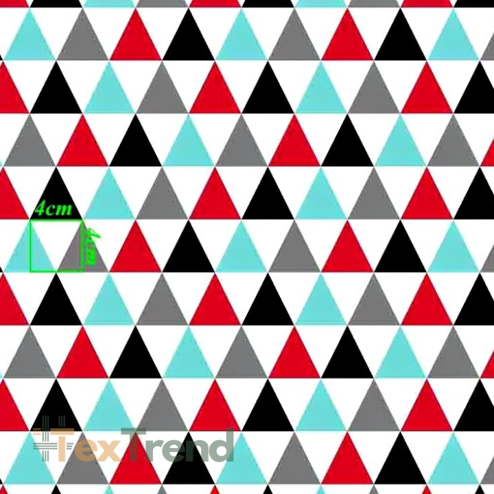 Baumwolle 100% große türkis-rote Dreiecke auf weißem Hintergrund.  