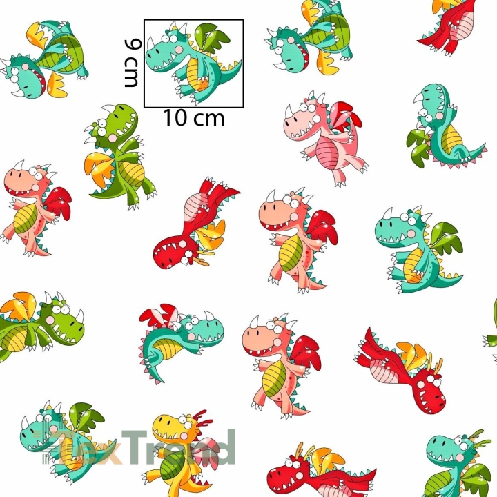 Baumwolle 100% bunte Drachen auf weißem Hintergrund  