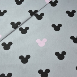 Baumwolle 100% MIKI schwarz-rosa auf grauem Hintergrund.  