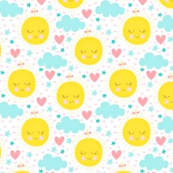 Baumwolle 100% gelbe Sonnen mit mintfarbenen Wolken auf weißem Hintergrund