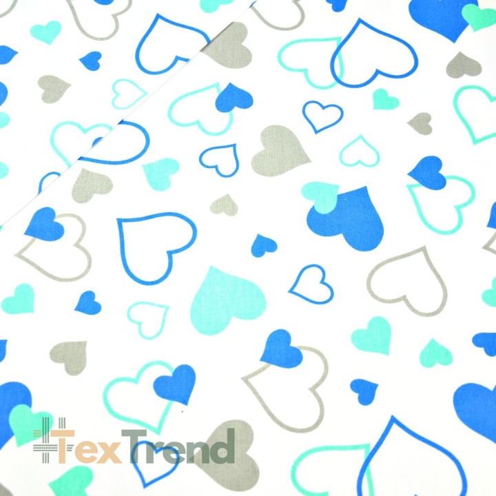 Baumwolle 100% Herzen LOVE blau-mint auf weißem Hintergrund  