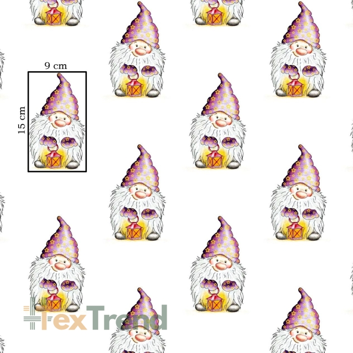 Baumwolle 100% Zwerge lila auf weißem Hintergrund  