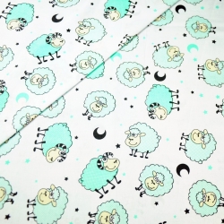 Baumwolle 100% Schafe mintgrün auf weißem Hintergrund  