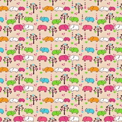 Baumwolle 100% bunte Elefanten mit Bäumchen auf beigem Hintergrund  