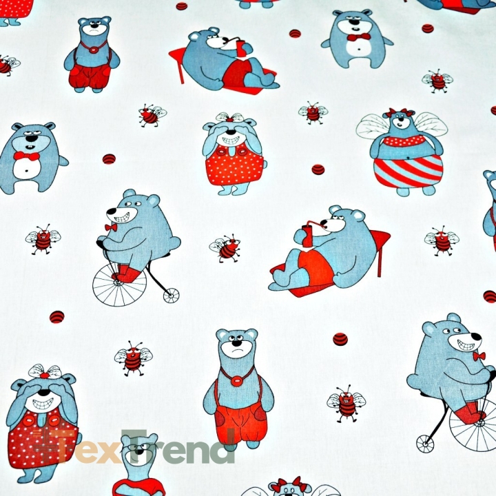 Baumwolle 100% Bären grau-rot auf weißem Hintergrund  