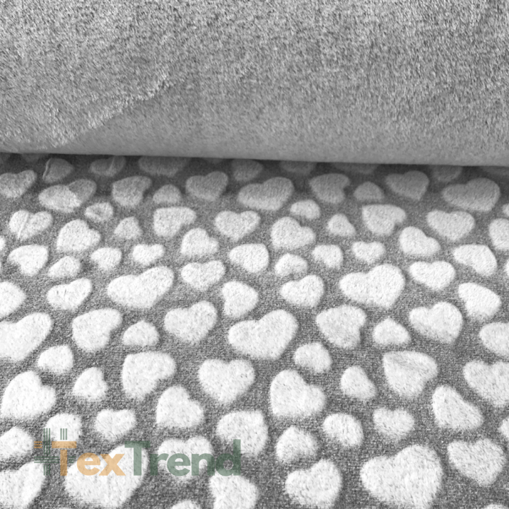 Fleece Plus beidseitig weiße Herzen auf grauem Hintergrund.  