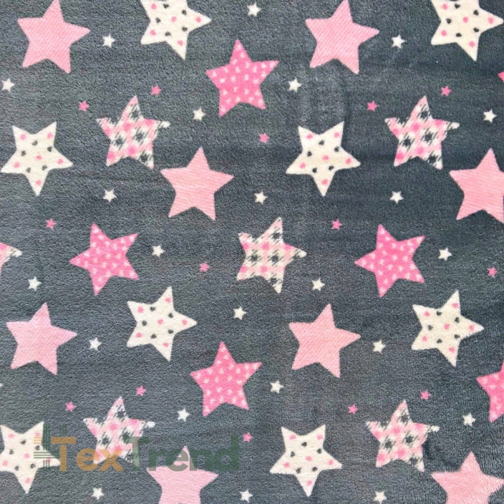 Fleece Plus gemusterte Sterne rosa-weiß auf grauem Hintergrund.  