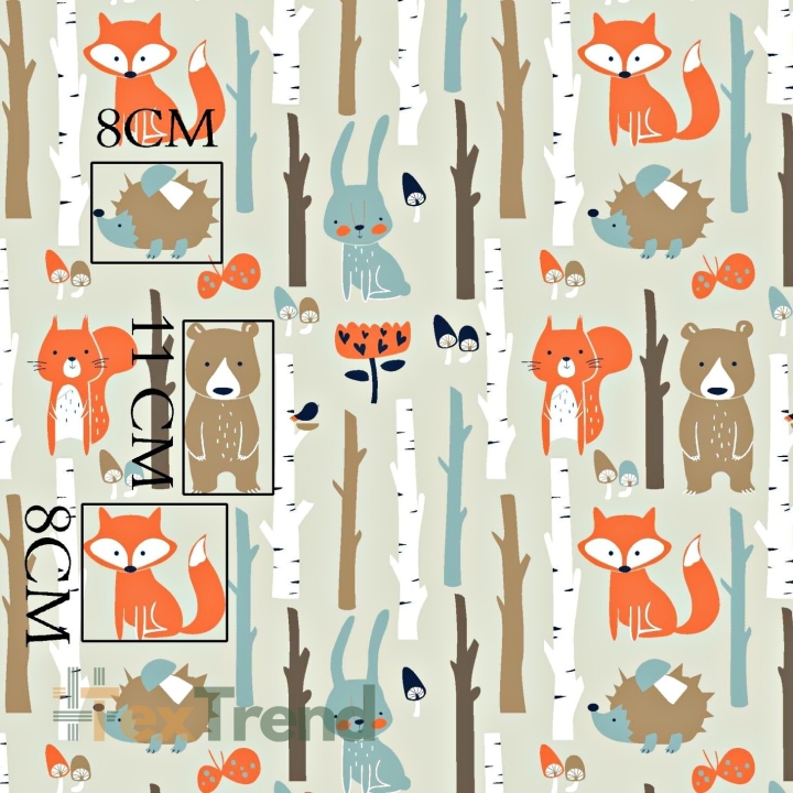 Baumwolle 100% Tiere im Wald auf beigem Hintergrund.  