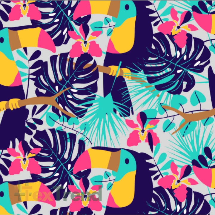 wasserabweisender Stoff bunte Tukane auf grauem Hintergrund  