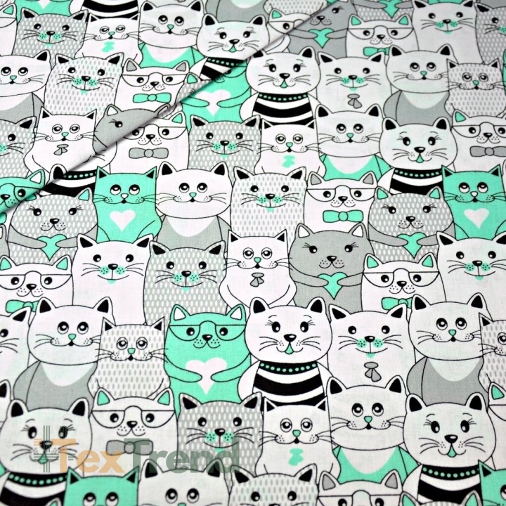 Baumwolle 100% Katzen im Kino grau-minze.  