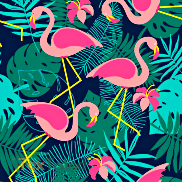wasserabweisender Stoff rosa Flamingos auf dunkelblau-grünem Hintergrund  
