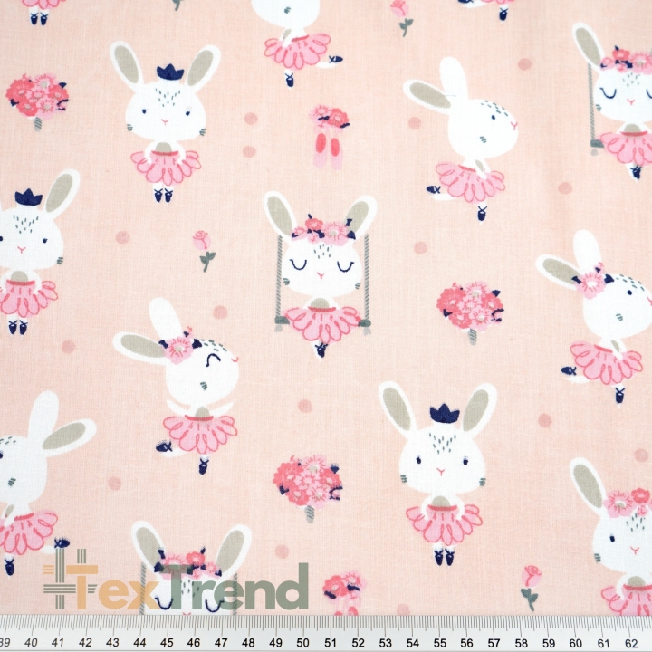 Baumwolle 100% Kaninchen auf Schaukeln auf aprikosenfarbenem Hintergrund  