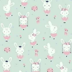 Baumwolle 100% Kaninchen auf Schaukeln auf grau-mintfarbenem Hintergrund  