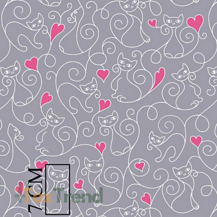 Baumwolle 100% Kätzchen mit rosa Herzen auf grauem Hintergrund  