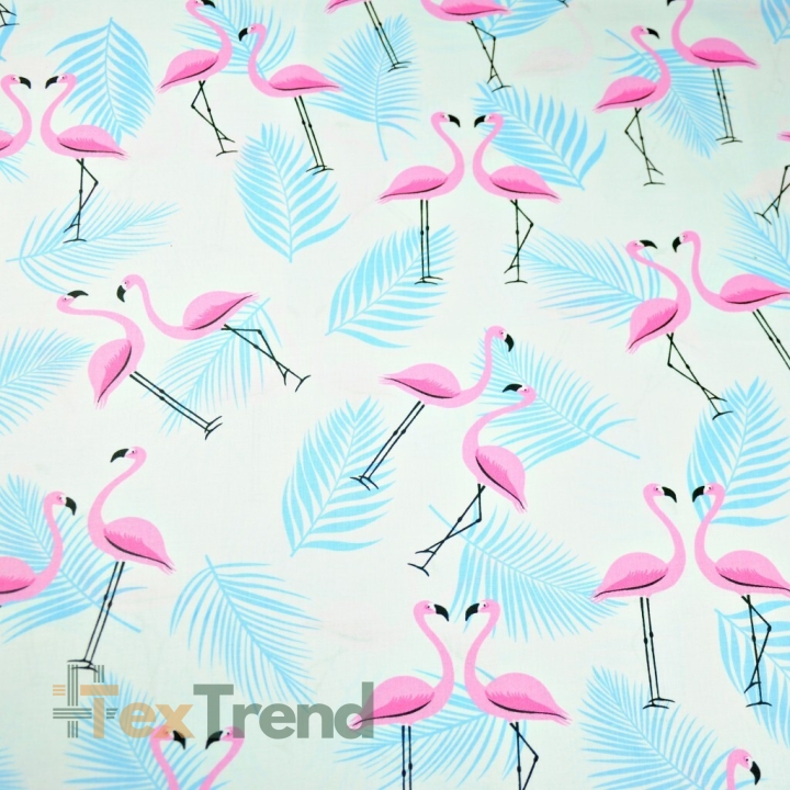 Baumwolle 100% Flamingos mit Blättern rosa-himmelblau auf weißem Hintergrund  