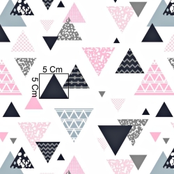 Baumwolle 100% gemusterte Dreiecke grau-rosa auf weißem Hintergrund  