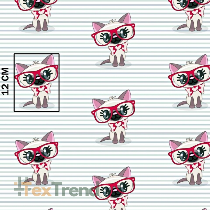 Baumwolle 100% Katzen mit roten Brillen auf gestreiftem Hintergrund  
