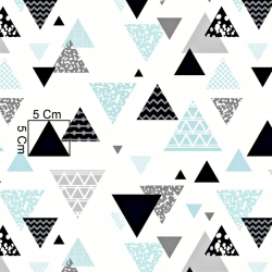 Baumwolle 100% gemusterte Dreiecke grau-türkis auf weißem Hintergrund  