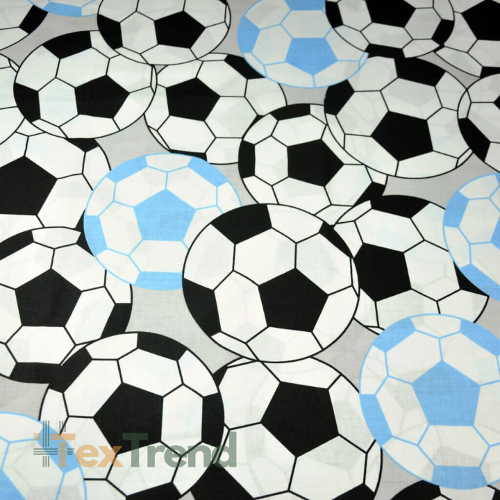 Baumwolle 100% 3D Bälle schwarz-blau auf grauem Hintergrund.  