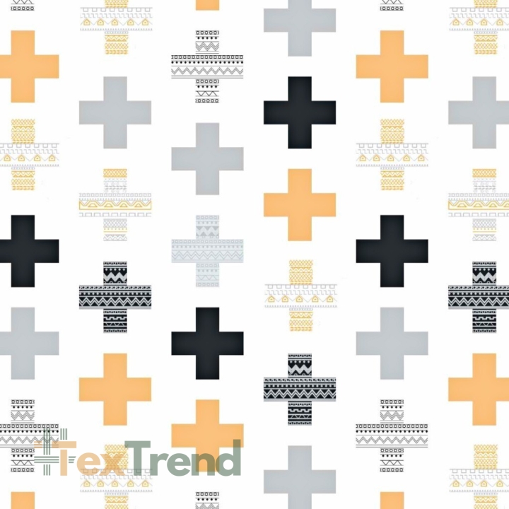 Baumwolle 100% gemusterte Pluszeichen grau-orange auf weißem Hintergrund  