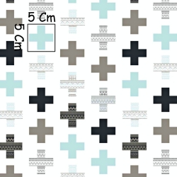 Baumwolle 100% gemusterte Pluszeichen grau-minze auf weißem Hintergrund  