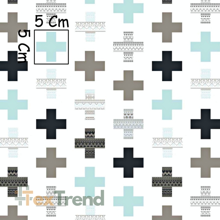 Baumwolle 100% gemusterte Pluszeichen grau-minze auf weißem Hintergrund  