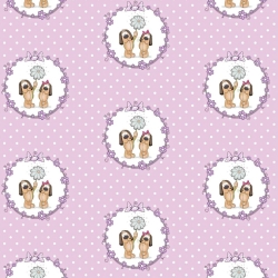 Baumwolle 100% Hunde in Rädern auf rosa heidefarbenem gepunktetem Hintergrund  