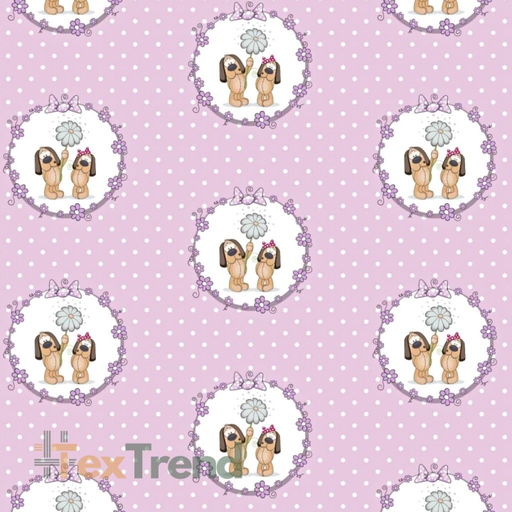 Baumwolle 100% Hunde in Rädern auf rosa heidefarbenem gepunktetem Hintergrund  