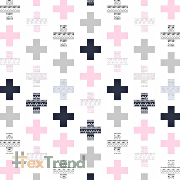 Baumwolle 100% gemusterte Pluszeichen grau-rosa auf weißem Hintergrund  