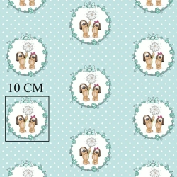 Baumwolle 100% Hunde in Rädern auf mintfarbenem gepunktetem Hintergrund  