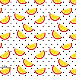 Baumwolle 100% Orangen auf weißem Hintergrund mit schwarzen Punkten  