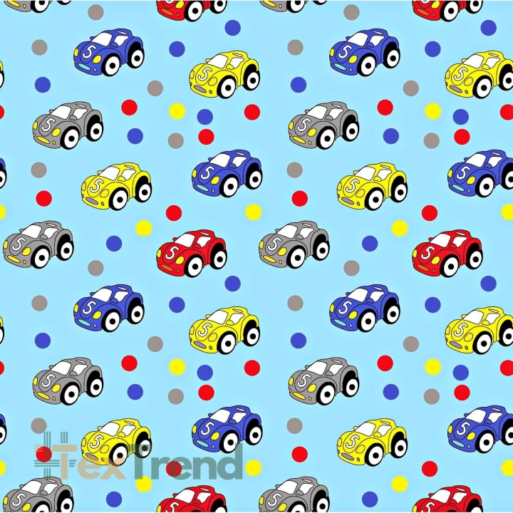 Baumwolle 100% bunte Autos mit Punkten auf blauem Hintergrund  