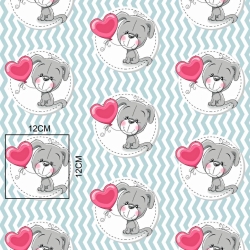 Baumwolle 100% Hunde mit Ballon auf grau-mint gestreiftem Hintergrund  