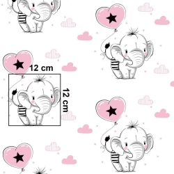 Baumwolle 100% Elefanten mit rosa Ballon auf weißem Hintergrund  