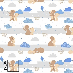 Baumwolle 100% Bären mit Drachen beige-blau auf weißem Hintergrund  