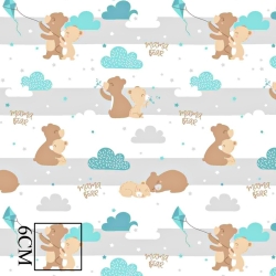 Baumwolle 100% Bären mit Drachen beige-mint auf weißem Hintergrund  