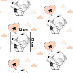 Baumwolle 100% Elefanten mit aprikosenfarbenem Ballon auf weißem Hintergrund  