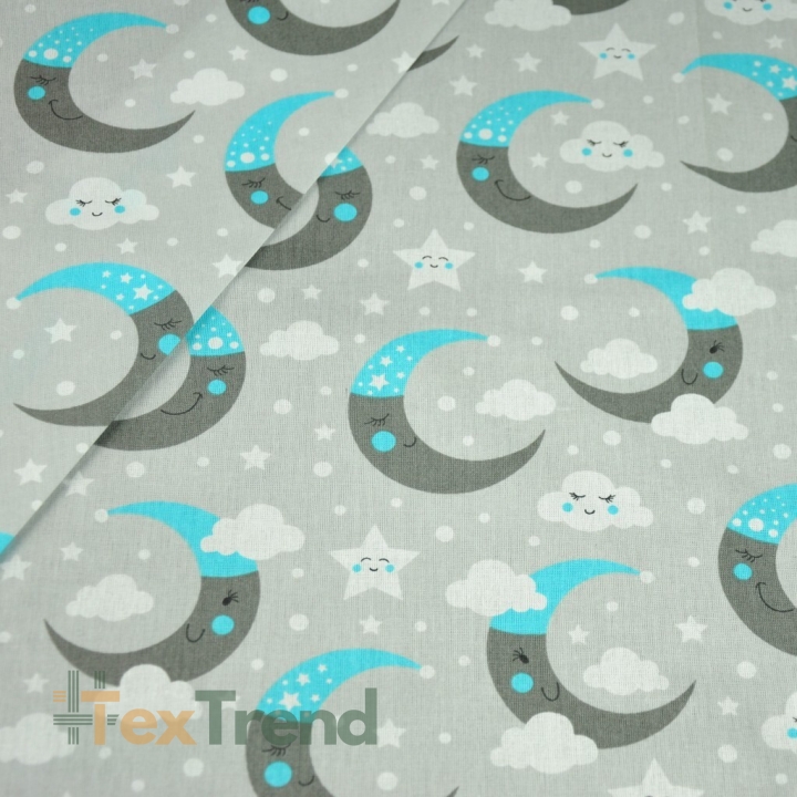 Baumwolle 100% grau-blaue Monde auf grauem Hintergrund  