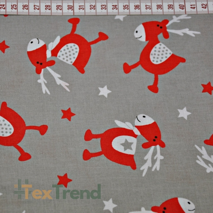 Baumwolle 100% Weihnachtsmuster rote Rentiere auf grauem Hintergrund  