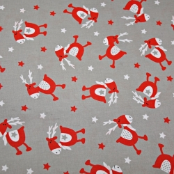 Baumwolle 100% Weihnachtsmuster rote Rentiere auf grauem Hintergrund  
