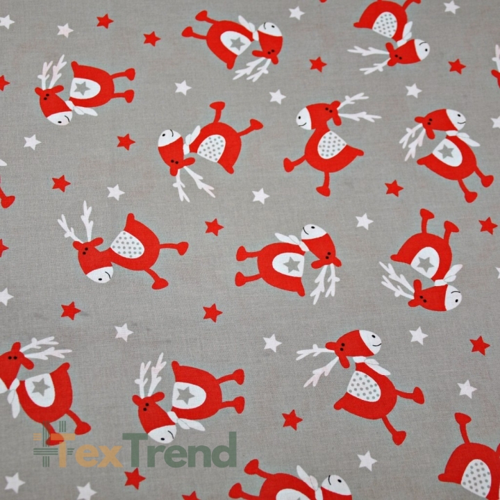 Baumwolle 100% Weihnachtsmuster rote Rentiere auf grauem Hintergrund  