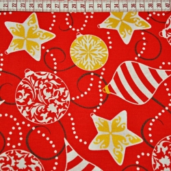 Baumwolle 100% Weihnachtsmuster goldene glänzende Kugeln auf rotem Hintergrund  