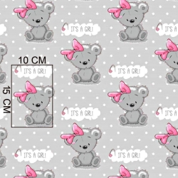 Baumwolle 100% Bären GIRL auf grauem mit weißen Punkten Hintergrund  