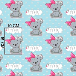 Baumwolle 100% Bären GIRL auf blauem mit weißen Punkten Hintergrund  